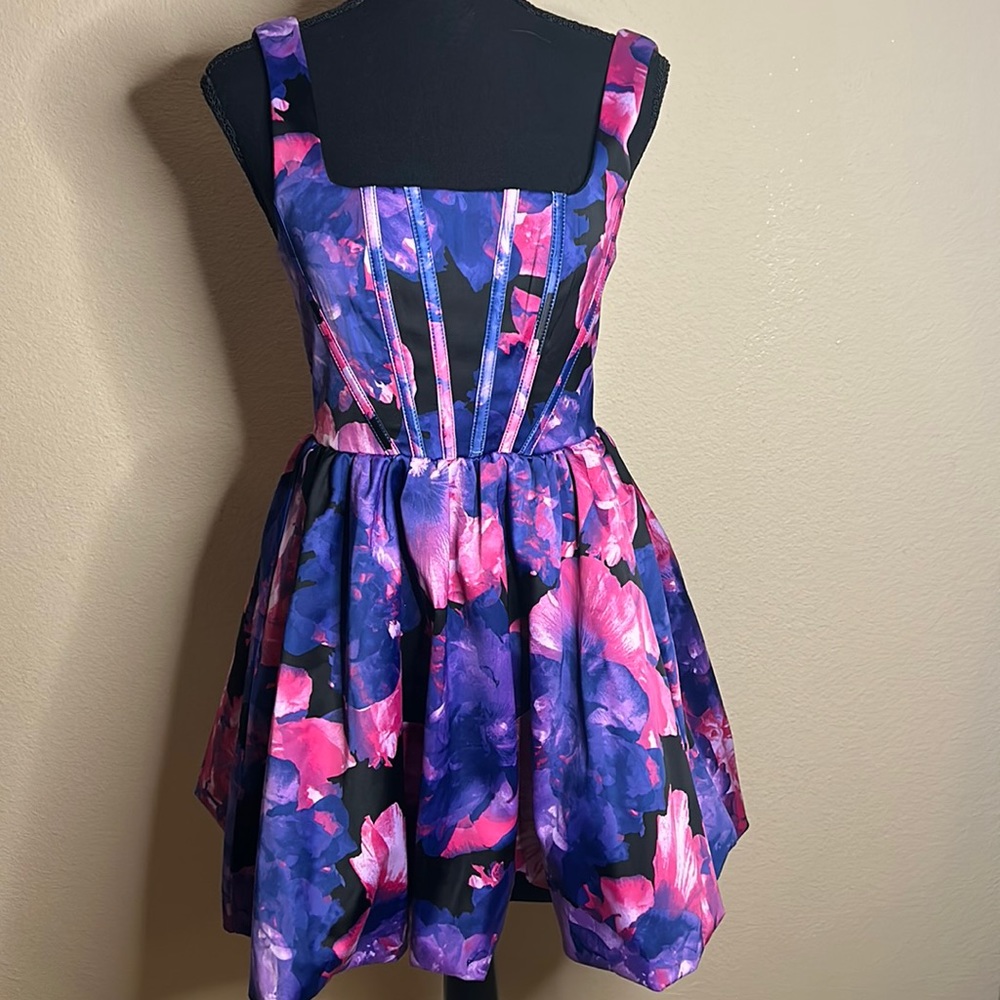Vibrant Purple/Pink Floral Poof Dress- Homecoming